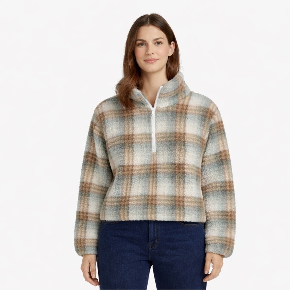 Lazy Sundays Plaid Sherpa Fleece Quarter Zip Pullover Cozy Cabin Size M - Picture 1 of 8